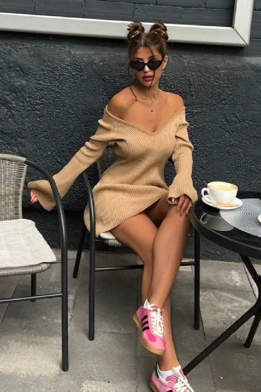 End Of Season Sale Clothing Sexy Deep V Neck Long Sleeve A Line Ribbed Knit Winter Party Mini Dress - Khaki