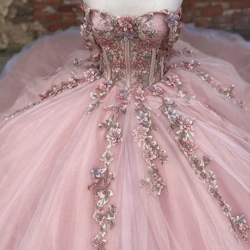 Daily Essentials Pink Tulle Floral Appliques Ball Gown Sweet 16 Dress  Y527