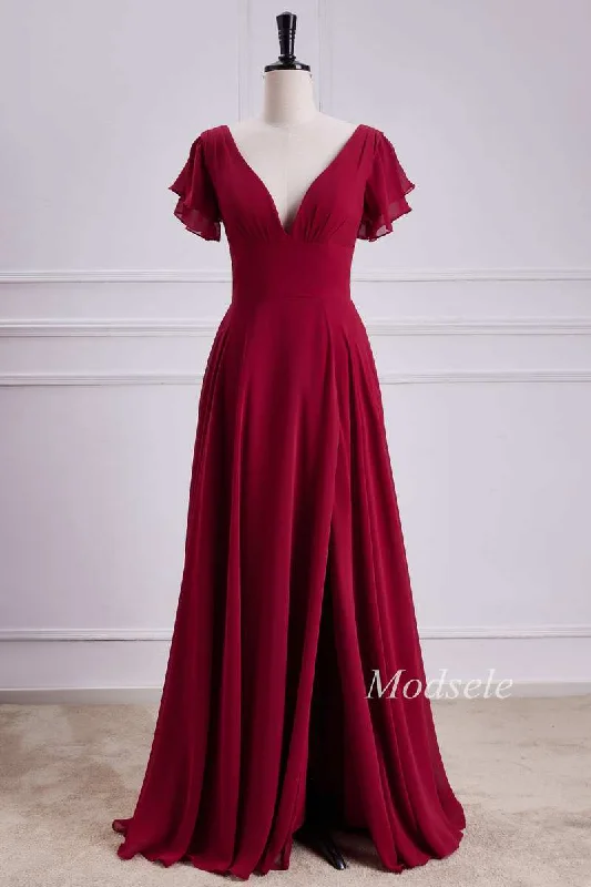 High End Designer Brands Discount V-Neck Chiffon Maxi Dress with Flutter Sleeves in Red