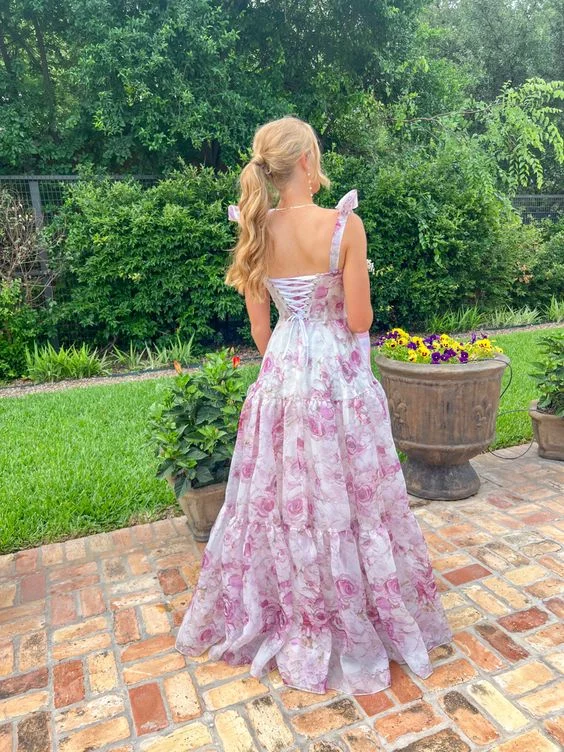 Seasonal Sale Charming A-line Floral Print Prom Dress,Senior Prom Gown Y5891