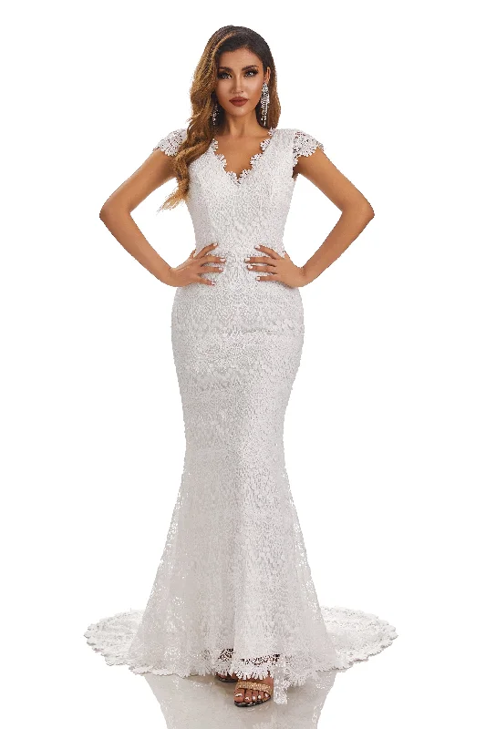 Bold Prints Casual Chic Mermaid Cap Sleeves V-Neck Lace Wedding Dresses