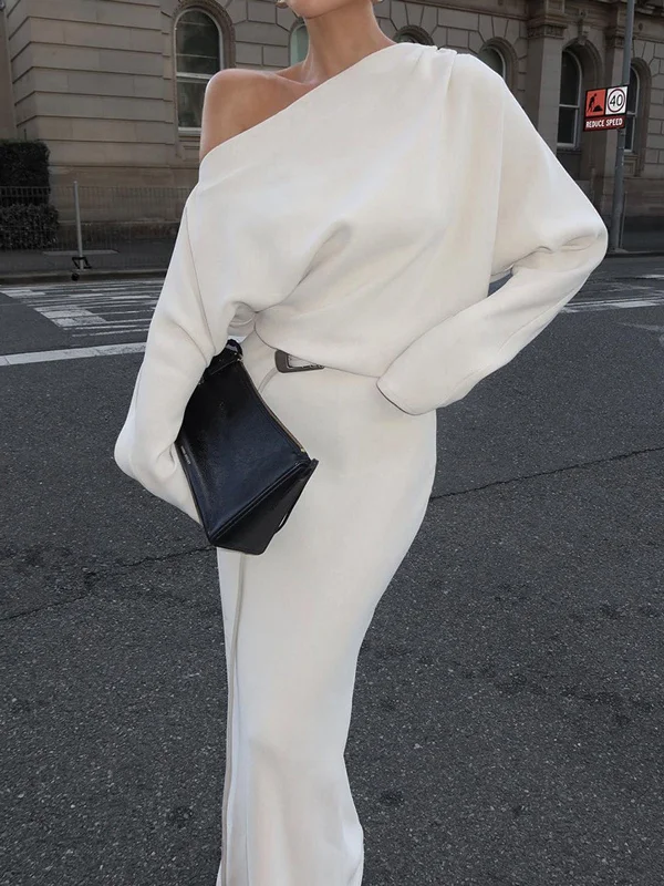 Clothing Sale Asymmetrical Off Shoulder Solid Long Sleeve Maxi Dress