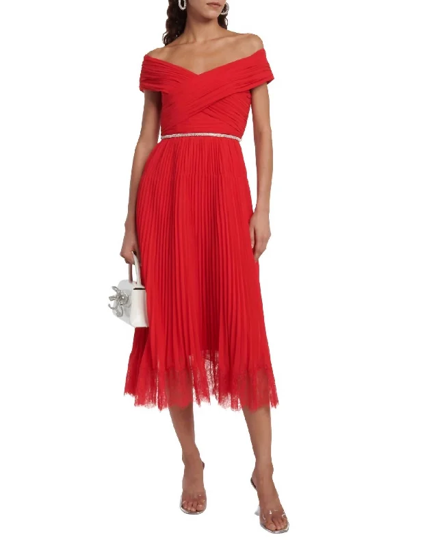 Clothing Sales Chiffon Off Shoulder Midi Dress In Red