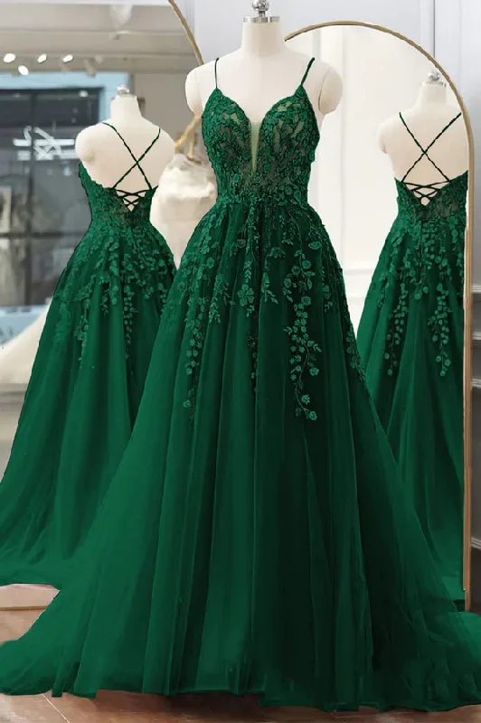 Exclusive Discount Pretty V Neck Green Lace Floral Long Prom Dresses, A Line Tulle Formal Evening Dresses  Y4251