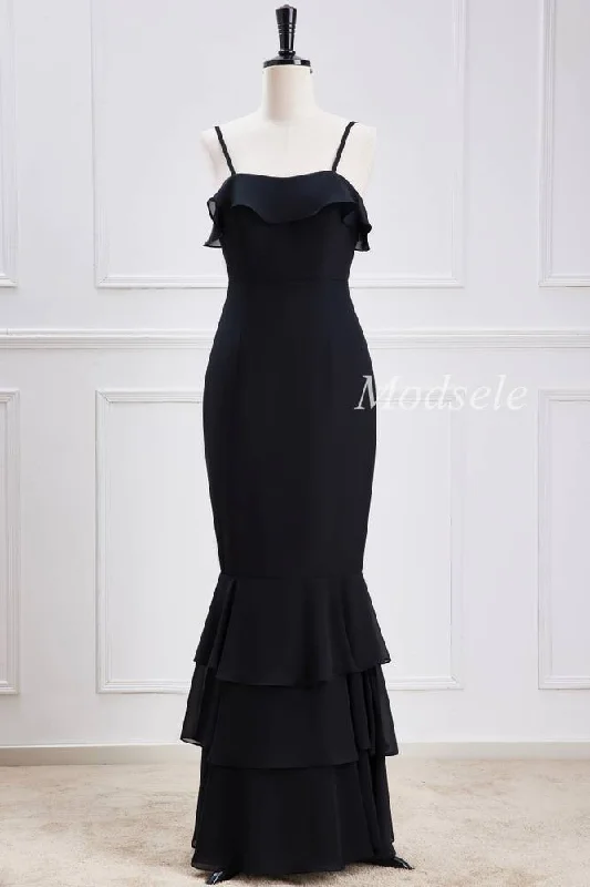 Fashion Sale Black Spaghetti Strap Ruffle Multi-Layer Maxi Dress