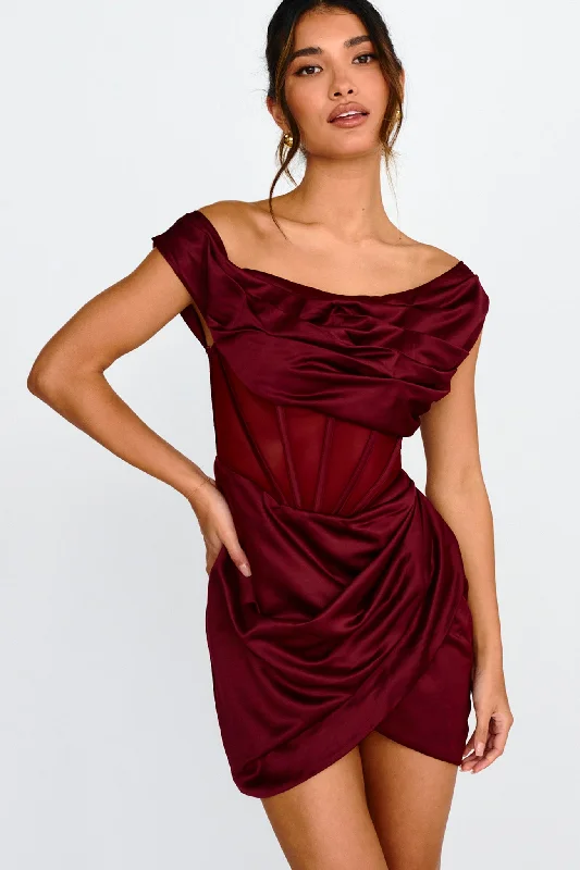 Bundle Offer Lizetta Boat Neck Gathered Mini Dress Burgundy