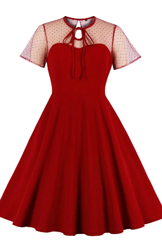 Chic And Edgy Red Polka Dot Keyhole Back A-Line Midi Dress with Short Sleeves