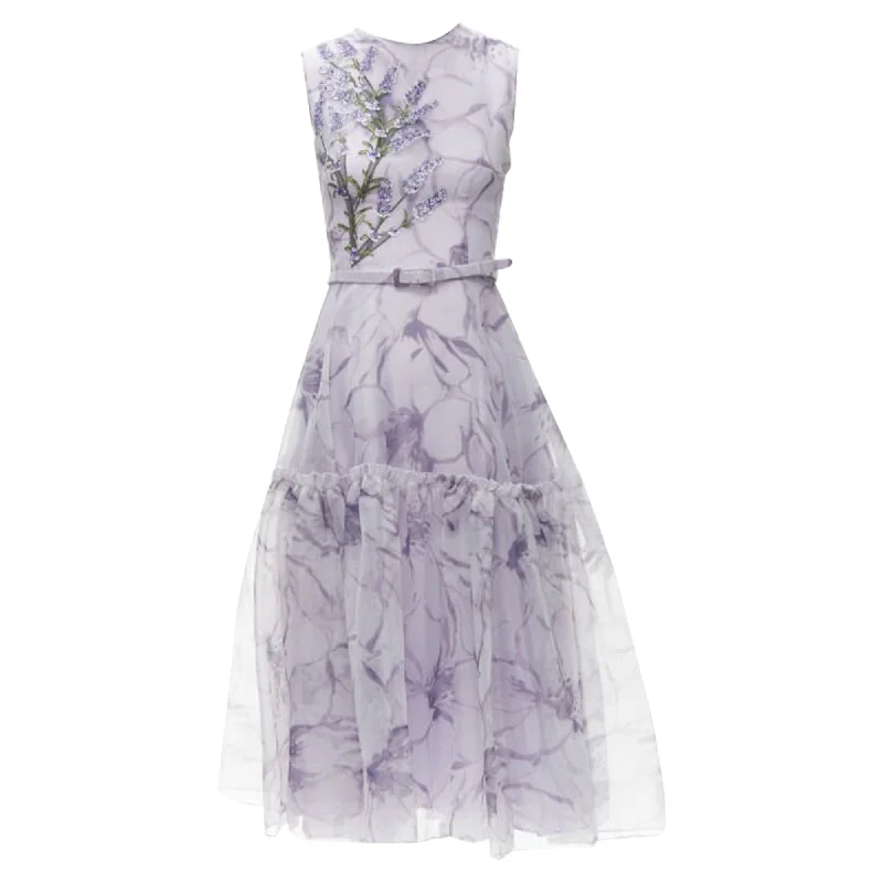 Trend Alert Costarellos lilac lavender embroidery belted midi dress