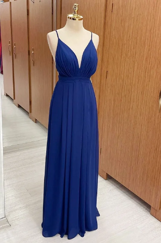 Trendy Fashion Sale Royal Blue Plunge V Cross Back Maxi Dress