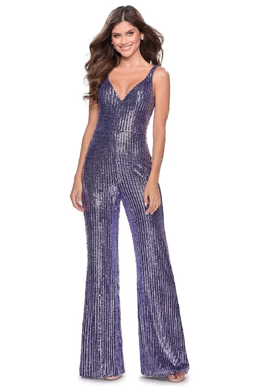 Best Boutiques Online La Femme - 28722 Sequined Deep V-neck Jumpsuit