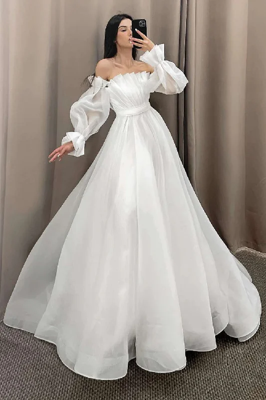 End of Season Sale A Line Strapless Pleated Flowy Wedding Dress with Detachable Sleeves OK1907