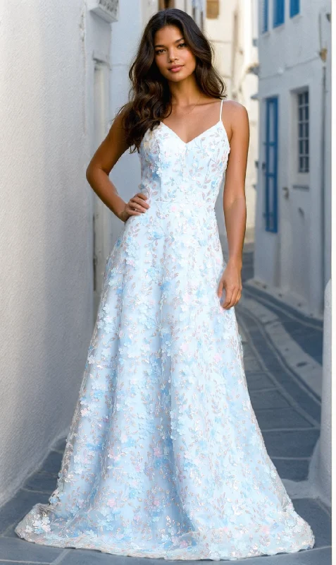 Trendy Boutiques Online Long Light Blue Floral Prom Dress: Chicas CHF3092