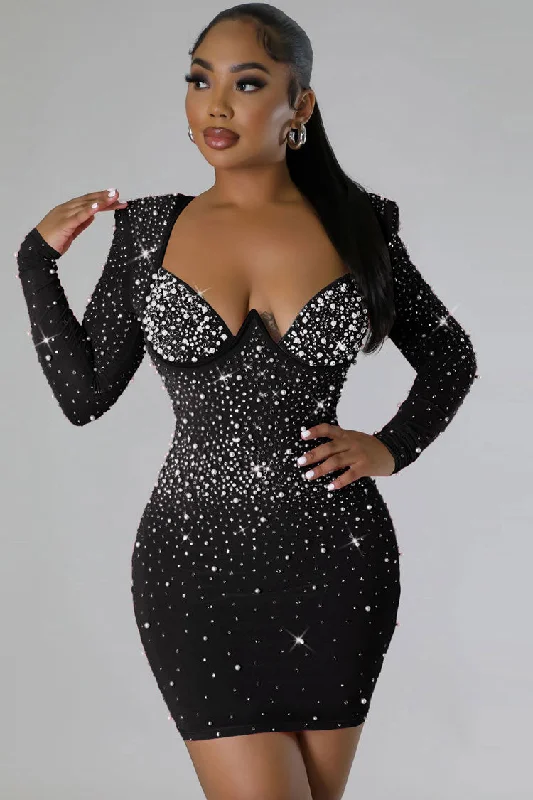 Buy More, Save More Sparkly Rhinestone Beaded Bustier Long Sleeve Party Mini Dress - Black