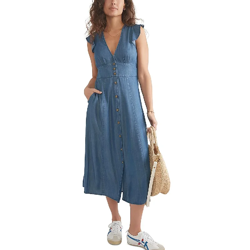 Essentials On Sale Womens V-Neck Medium Wash Midi Dress