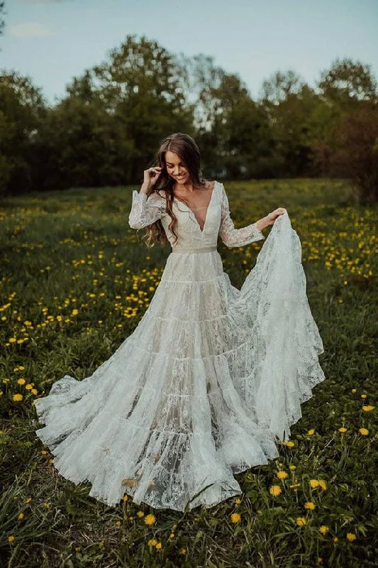 Athleisure Wear Special Offer Roycebridal Bohemian Lace A-line V-neck Long Sleeves Wedding Dresses, Bridal Dress, MW608