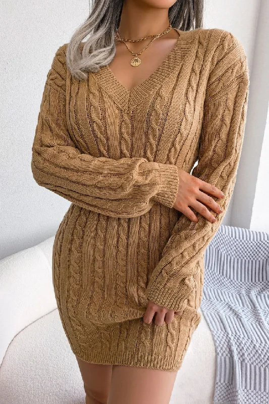 Latest Trends Sexy V Neck Winter Fisherman Cable Knit Sweater Mini Dress - Khaki