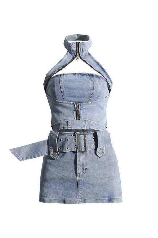 Sustainable Fashion Extravaganza Sexy Cutout Zip Up Halter Crop Buckle Belt Two Piece Denim Micro Mini Dress