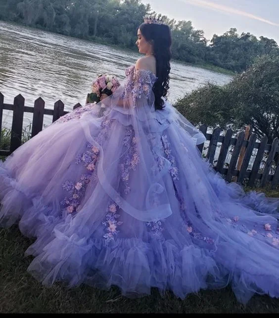 Flash Sale, Don't Miss Luxurious Off The Shoulder Tulle Floral Appliques Ball Gown Purple Sweet 16 Dress Y679