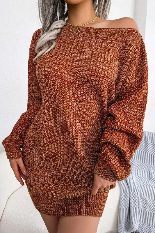 Sale Event, Prices Rock Vintage Boat Neck Long Sleeve Marled Knit Sweater Mini Dress - Coffee