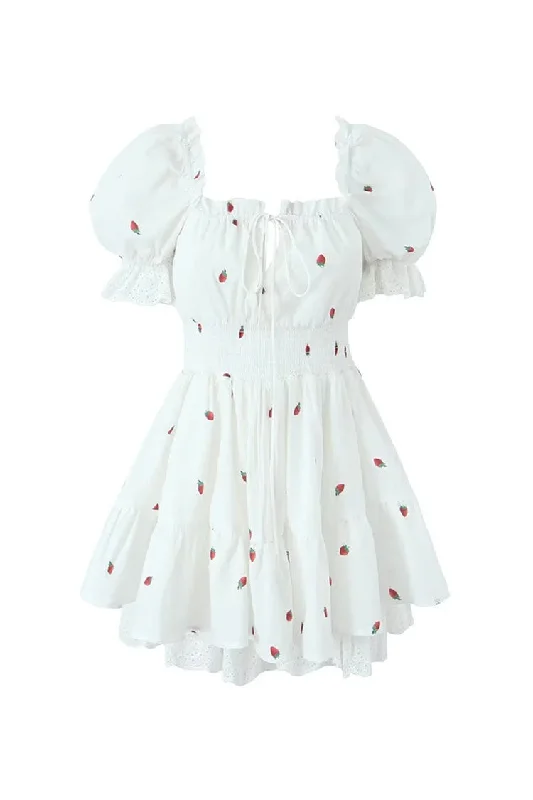 Additional Time-Limited Offers Girlish Strawberry Print Tie Neck Smock Waist Summer Lace Tiered Mini Dress