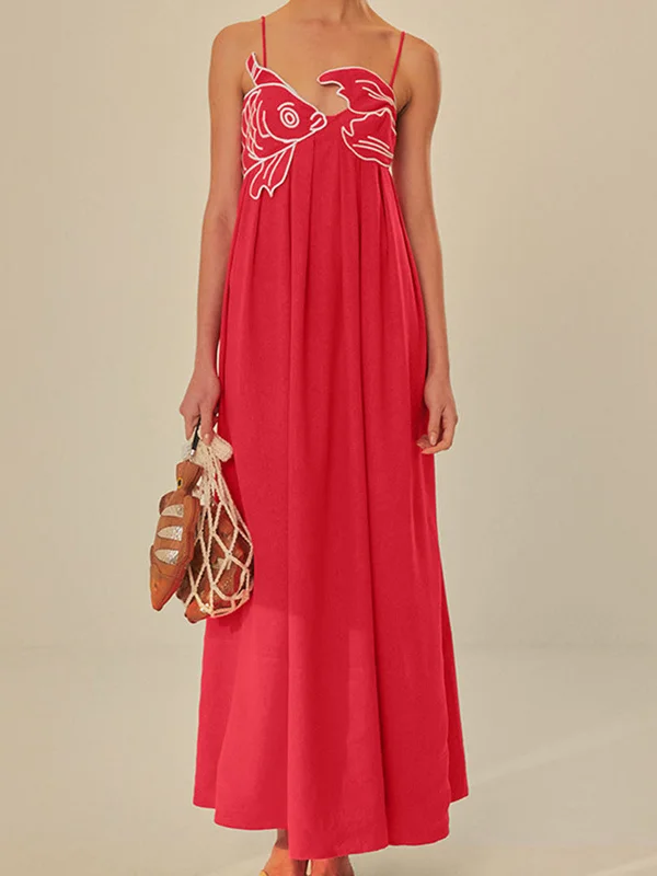 Fast Fashion Favorites Embroidered Fish Spaghetti Strap Midi Dress