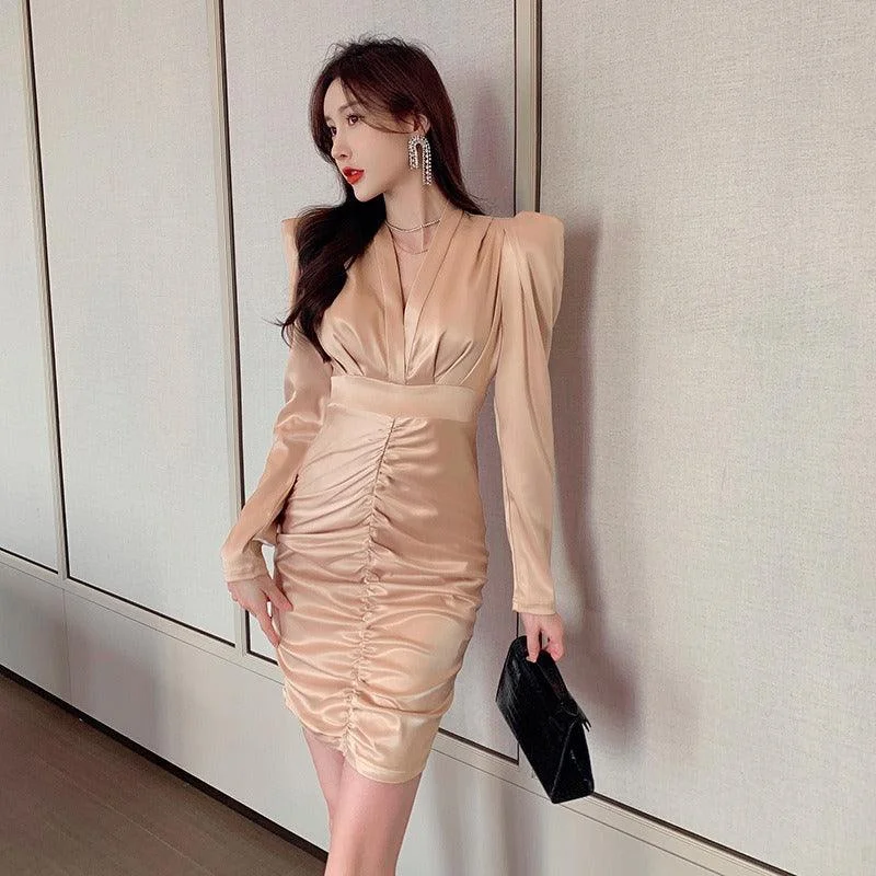 Bold Fashion Champagne Elegant Ruffled V-Neck Bandage Mini Dress