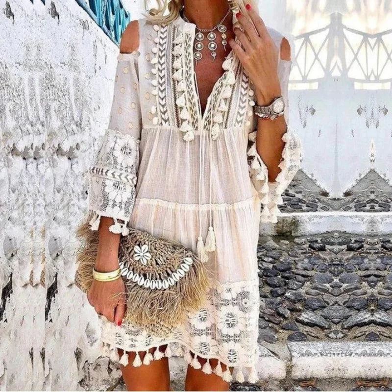 Trend Forward Threads FashionSierra-Vintage  Long Sleeve  Mini  Women  Beach Wear  Deep V  Tassel  Summer  2024  Floral Embroidery  Lace  Vestidos Boho Dress