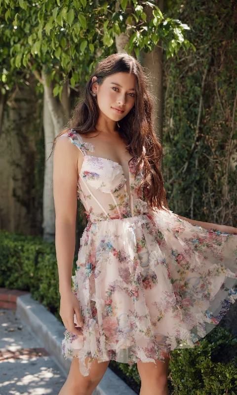 Best Online Boutiques For Women Short Pink Floral-Print Homecoming Dress S849