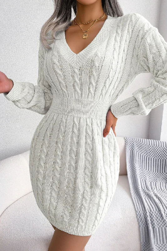 Best Boutiques Online Sexy V Neck Winter Fisherman Cable Knit Sweater Mini Dress - White