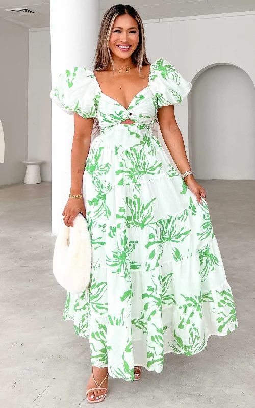 Free Spirited Fashion Bretta Maxi Dress - White Green Print