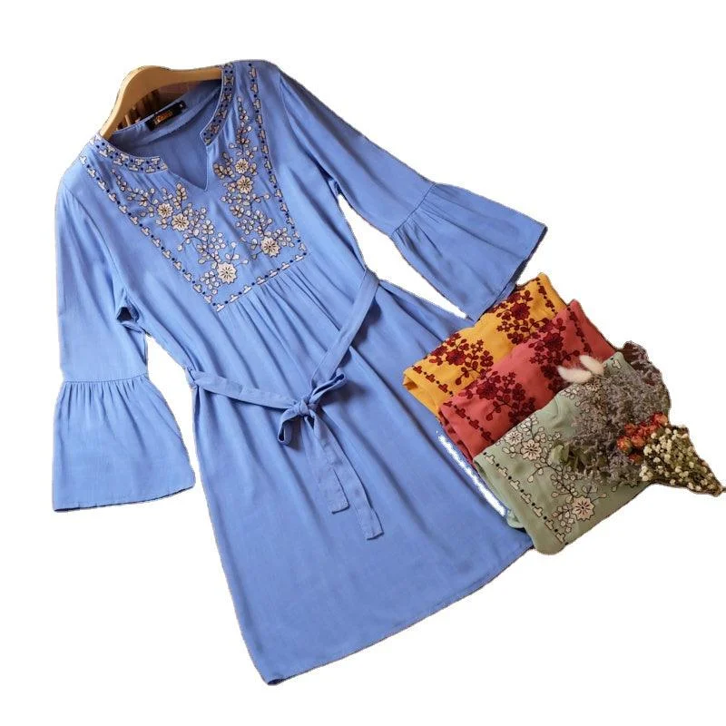 Women's Online Boutique Embroidery Three Quarter Sleeves Elegant Mini Dress