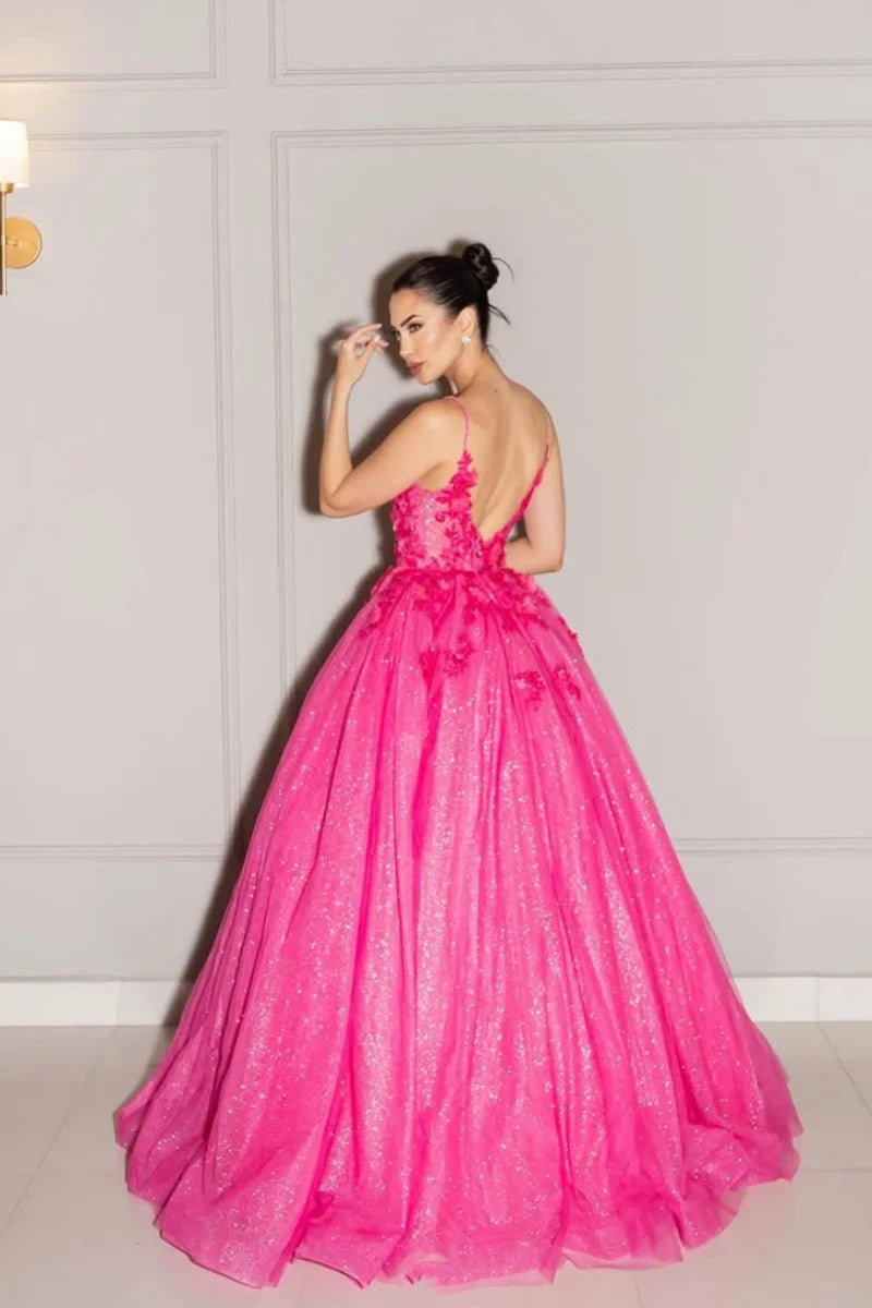 Trendy New Clothes Sweetheart Hot Pink Evening Dresses 3D Floral Tulle Prom Dresses Princess Glitter Wedding Party Dress Customized