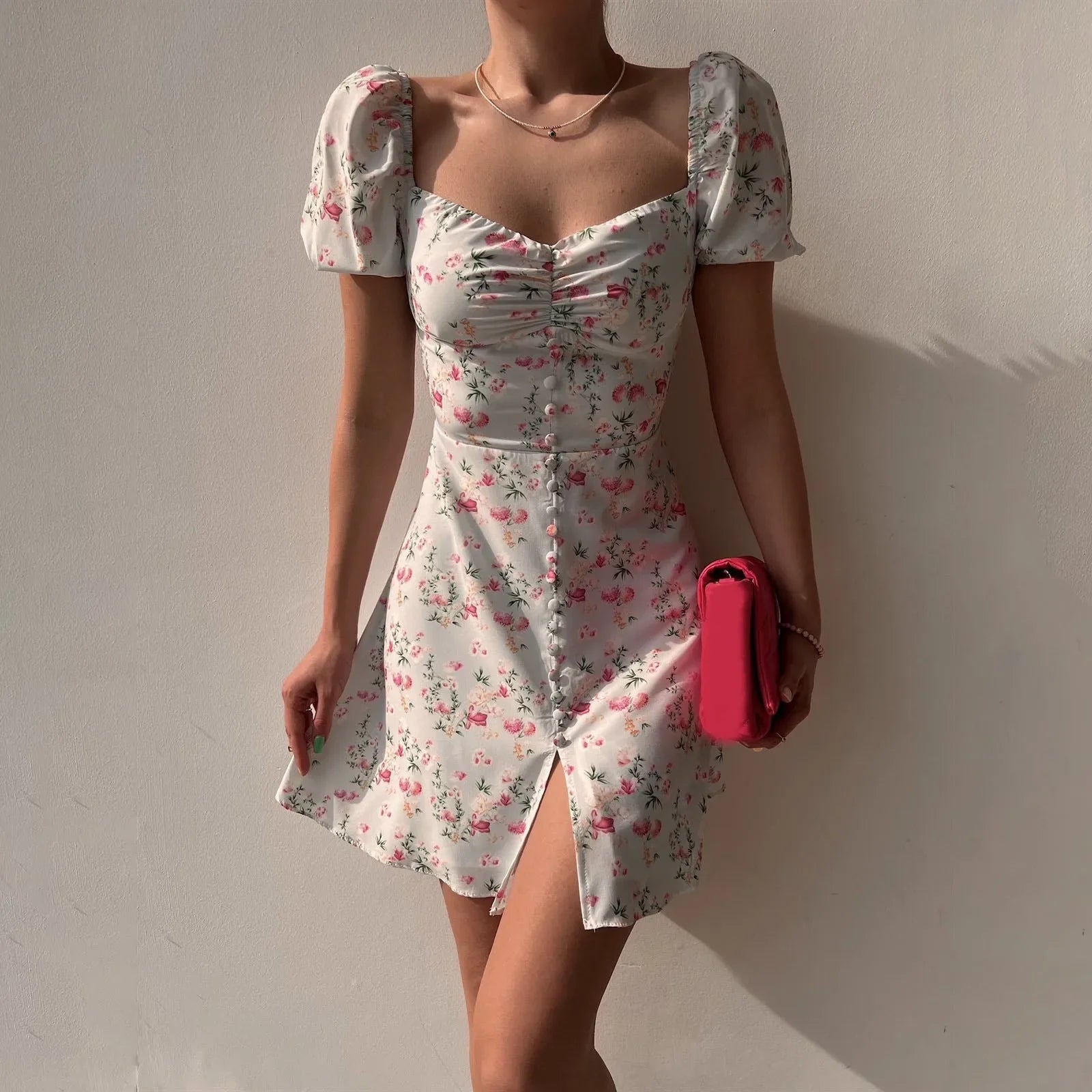 Elegant Simplicity Wardrobe Bubble Sleeve V Neck Elegant Clearance Sale Women's Floral Shorts Boho Dress