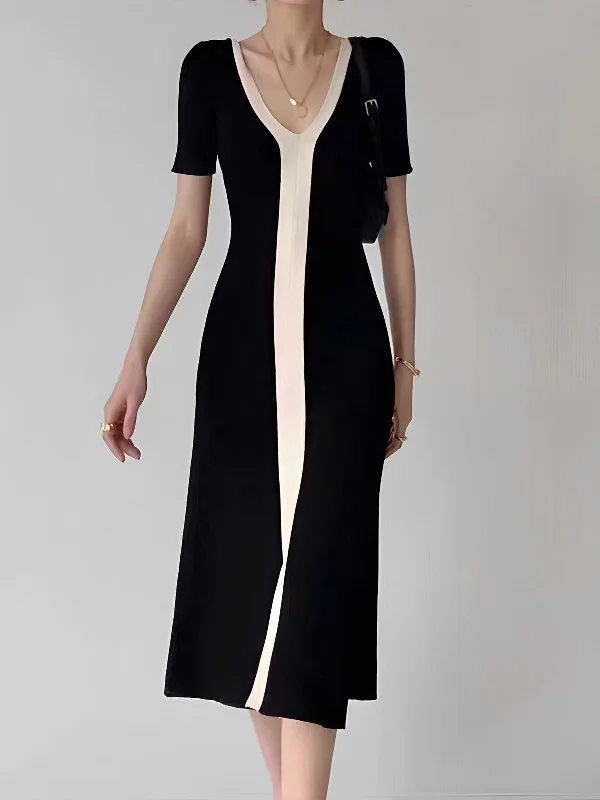 Sustainable Fashion Extravaganza Two Tone V-Neck Knit Slit Midi Dress