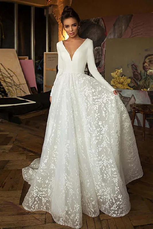 Summer Deals Roycebridal A-line V-neck Long Sleeves Wedding Dresses With Court Train, Bridal Gown, MW782