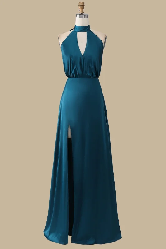 Discount Extravaganza Turquoise Halter Blouson-Style Maxi Dress with Slit