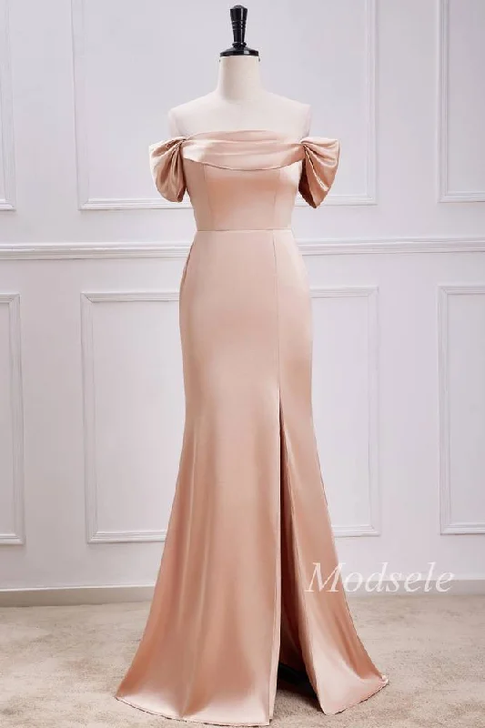 Fashion Forward Champagne Off-the-Shoulder Mermaid Maxi Dress with Slit