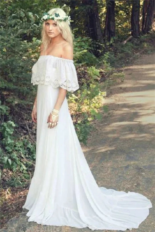 Fashion Sale Roycebridal A-line Off the Shoulder Bohemian Lace Chiffon Ivory Summer Beach Wedding Dresses,MW344