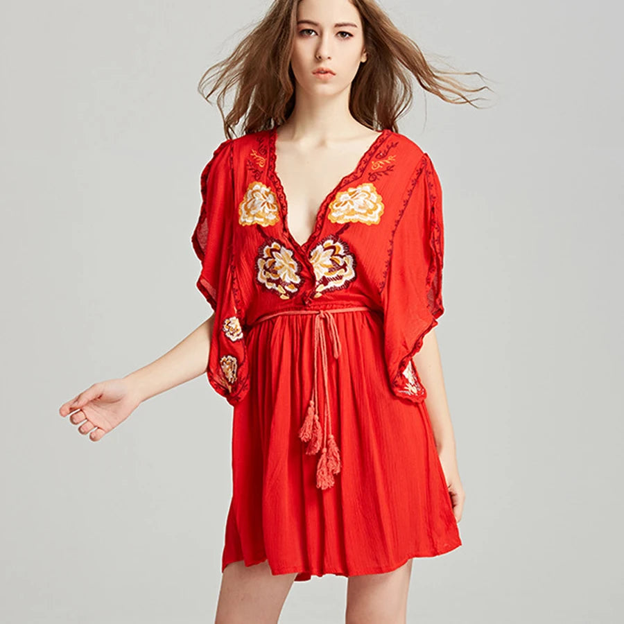 Women's Fashion Hotspots FashionSierra-Deep V-neck  Sexy  Beach  Floral Embroidery  Summer  Vintage  Cloak Sleeve  Mini  Party Boho Dress