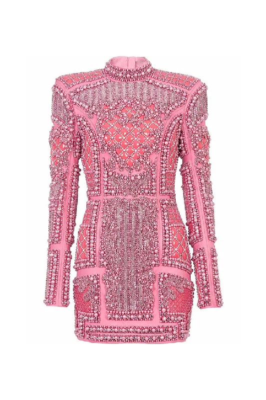 Flash Sales This Week Luxury Jeweled Embellished High Neck Long Sleeve Sequin Party Mini Dress