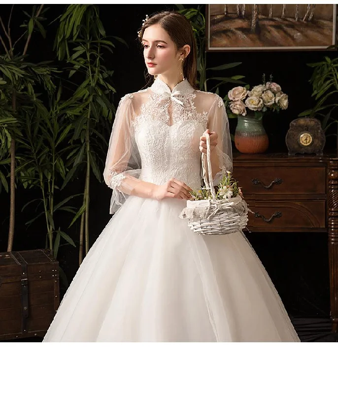 Flash Discount Roycebridal New High Neck Three Quarter Sleeve Wedding Dress Sexy Illusion Lace Applique Plus Size Vintage Bridal Gown Robe De Mariee L