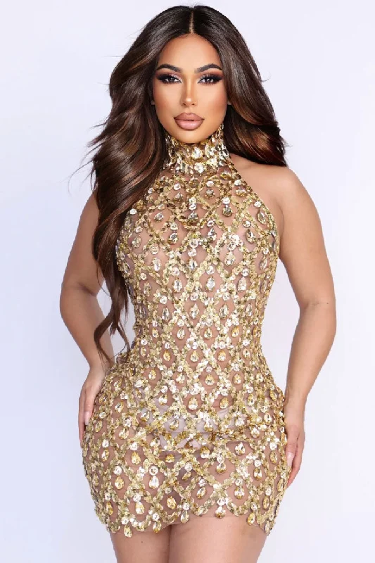 Flash Sale Sexy High Neck Sleeveless Sheer Mesh Rhinestone Sequin Party Mini Dress - Gold