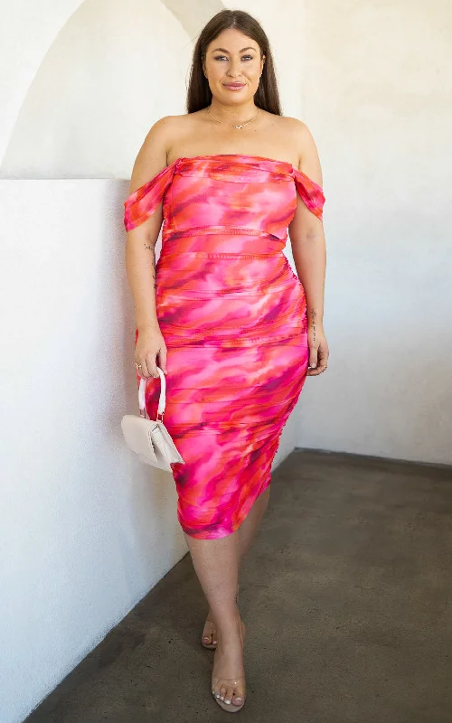 Weekend Sale Pandora Mesh Midi Dress - Pink Orange Print