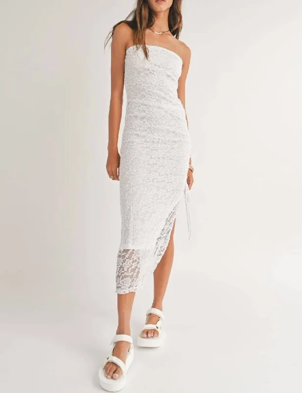 Holiday Attire Sale Fresh Air Side Ruched Midi Dress In White