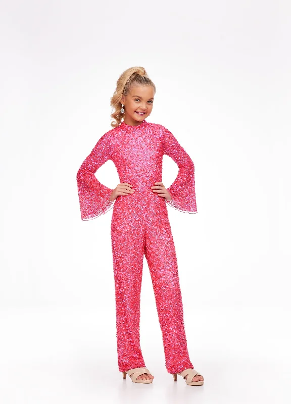 Unleash Your Trend Driven Style Ashley Lauren Kids 8091 Size 8 Bright Pink Long Bell Sleeve Girls Sequin Jumpsuit Fun Fashion Wear