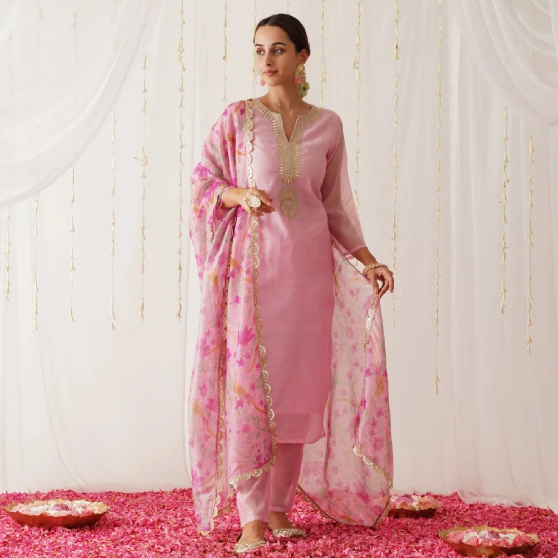 Trend Setting Wardrobe Pink Embroidered Chanderi Kurta Pant Dupatta Set with Gota Details