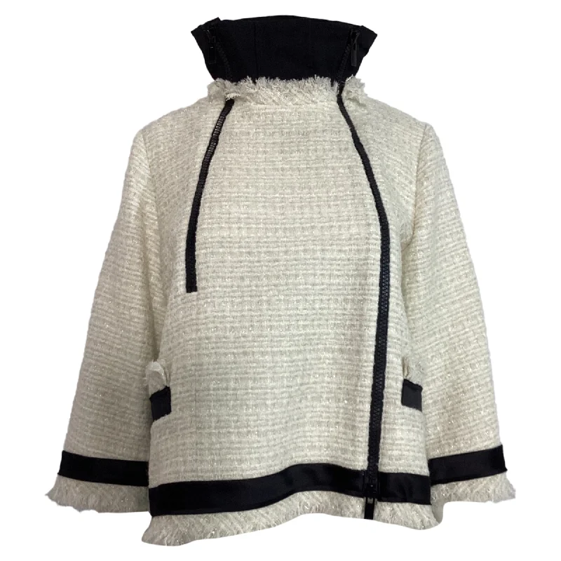 Earthy Tones Sacai Double-Zipped Tweed Jacket in White Wool