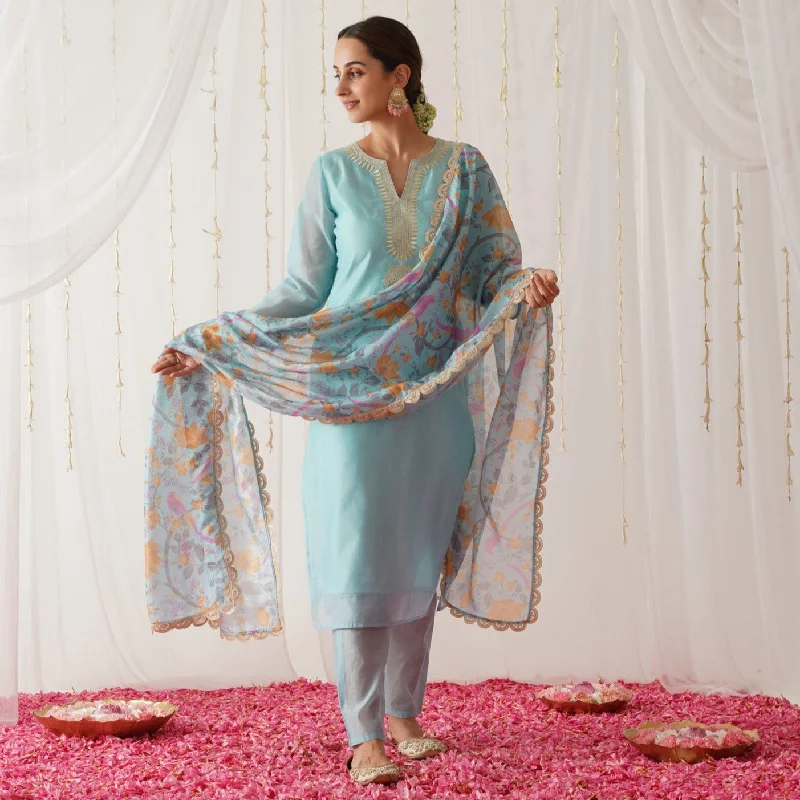 Sale Event, Prices Rock Light Blue Embroidered Chanderi Kurta Set with Dupatta