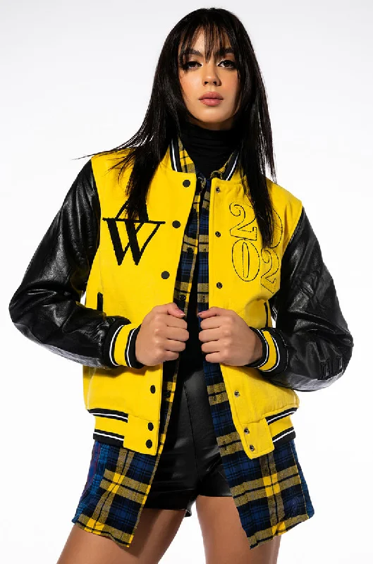 Chic Wardrobe AZALEA WANG COLLEGIATE BLACK AND YELLOW VARSITY BOMBER