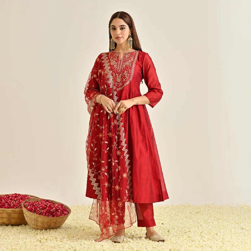 Style Redefined Red Festive Anarkali Set with Embroidered Dupatta & Yoke Detail